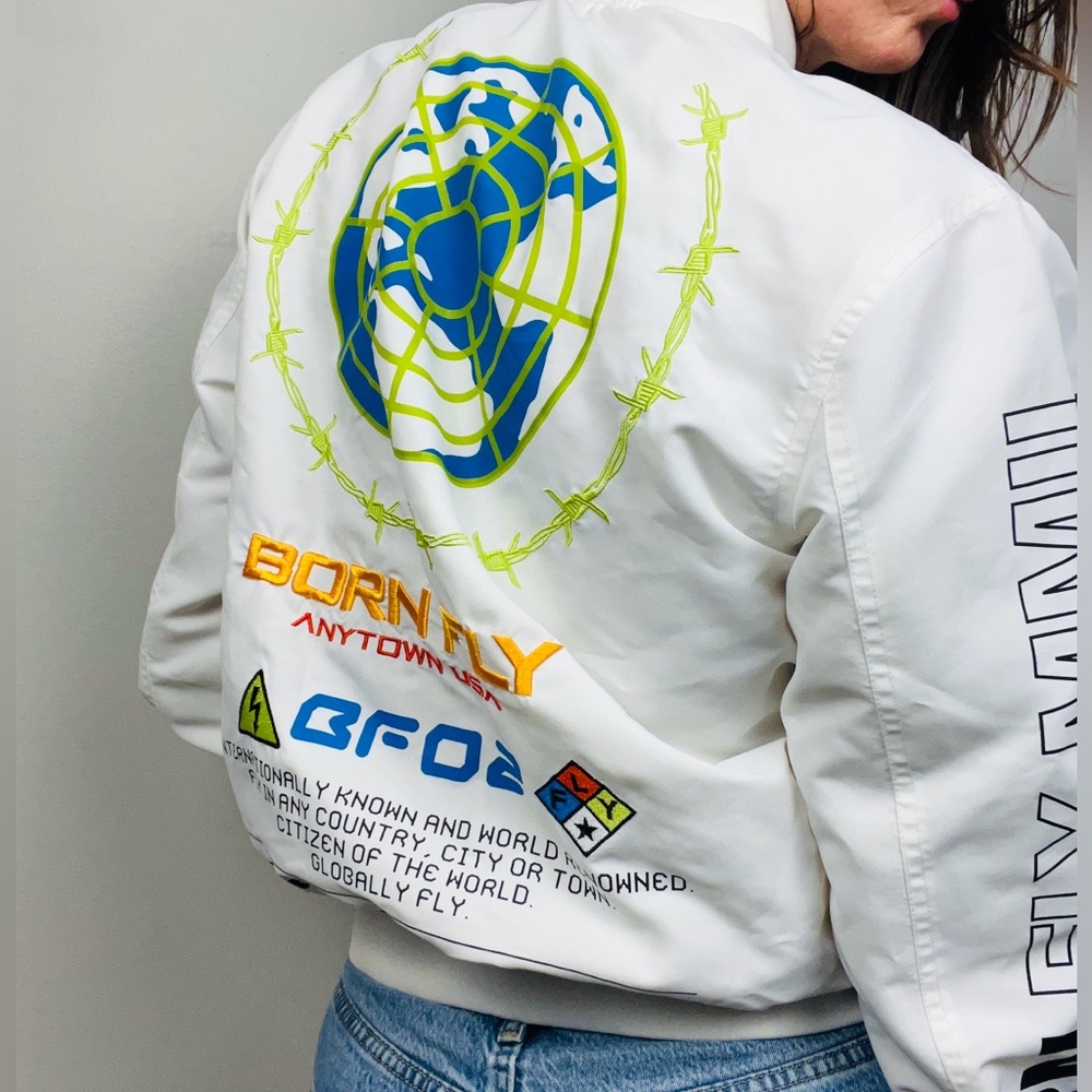 Born Fly Graphic Bomber Flight Jacket – White Streetwear Jacket – Size S